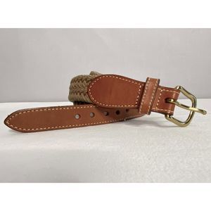 Peter England Woven Belt Mens 36 L Khaki Cord Center Tan Leather Ends